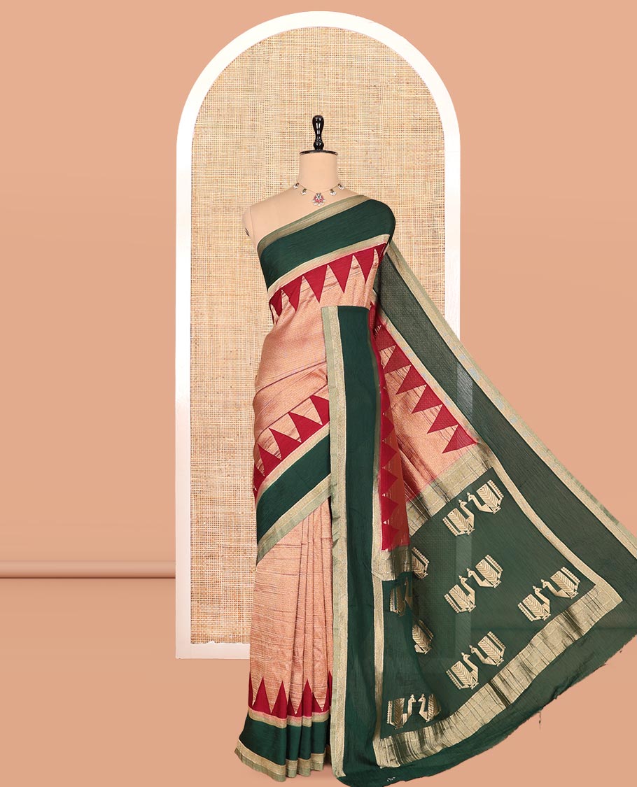 Wine Wrinkle Crepe Saree, Contrast Temple Border, Peacock Pallu, and a Contrast Blouse