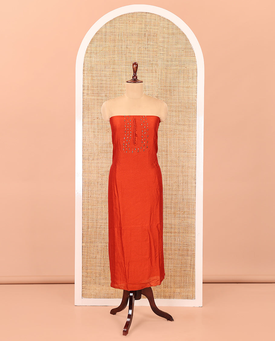 Rust Vichitra Silk Material Chudidar Set Showcasing a Bead-Sequin Embroidered Top, a Santoon Bottom, and an Embroidered Dupatta