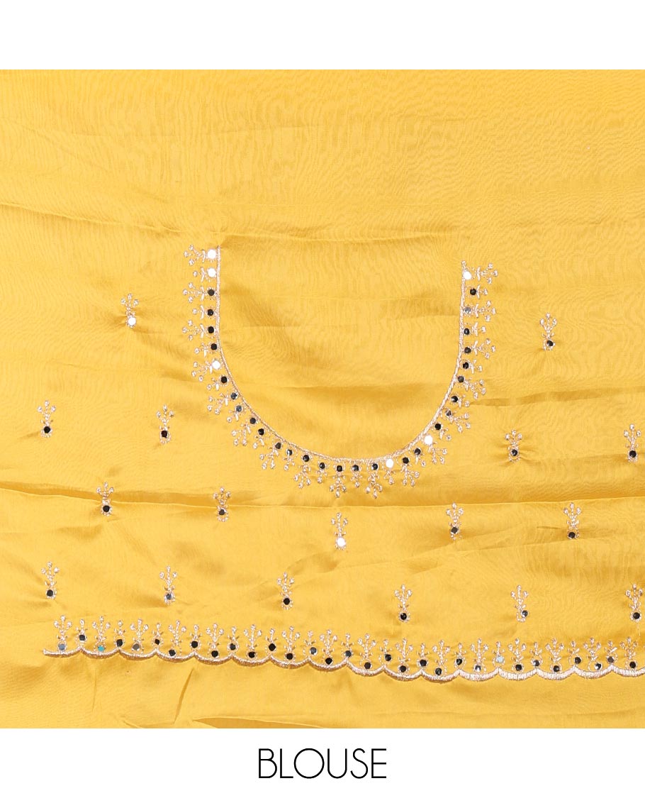 Cream and Yellow Rangoli Saree, Mesmerized with Flower Butta Embroidered All Over Its Body, Scallop Mirror Embroidered Border, Pallu Artfully Woven with Floral Motifs Embroidery, and Paired with a Contrast Embroidered Blouse