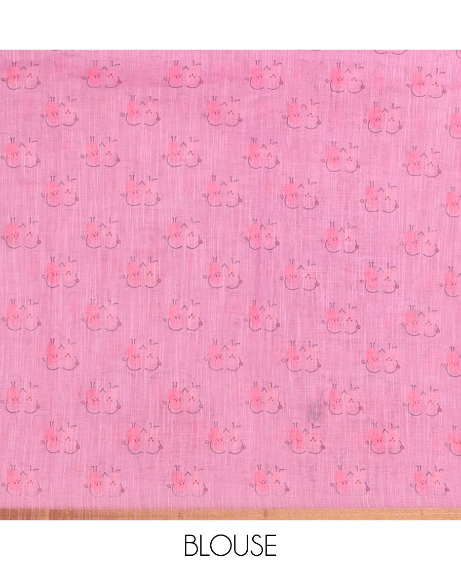Pink Linen Cotton Saree, Creatively Printed with Thumb Finger Printed Cartoon-Theme Print on Its Body, a Subtle Piping Border, a Self-Printed Pallu, and Paired with a Matching Blouse