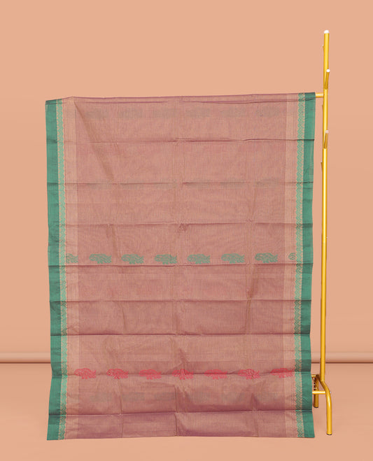 Brown Kanchi Cotton Saree, Subtly Threaded with Floral Buttas All Over Its Body, Complemented by Contrast Border, Pallu of Floral Designs, and Paired with a Matching Blouse