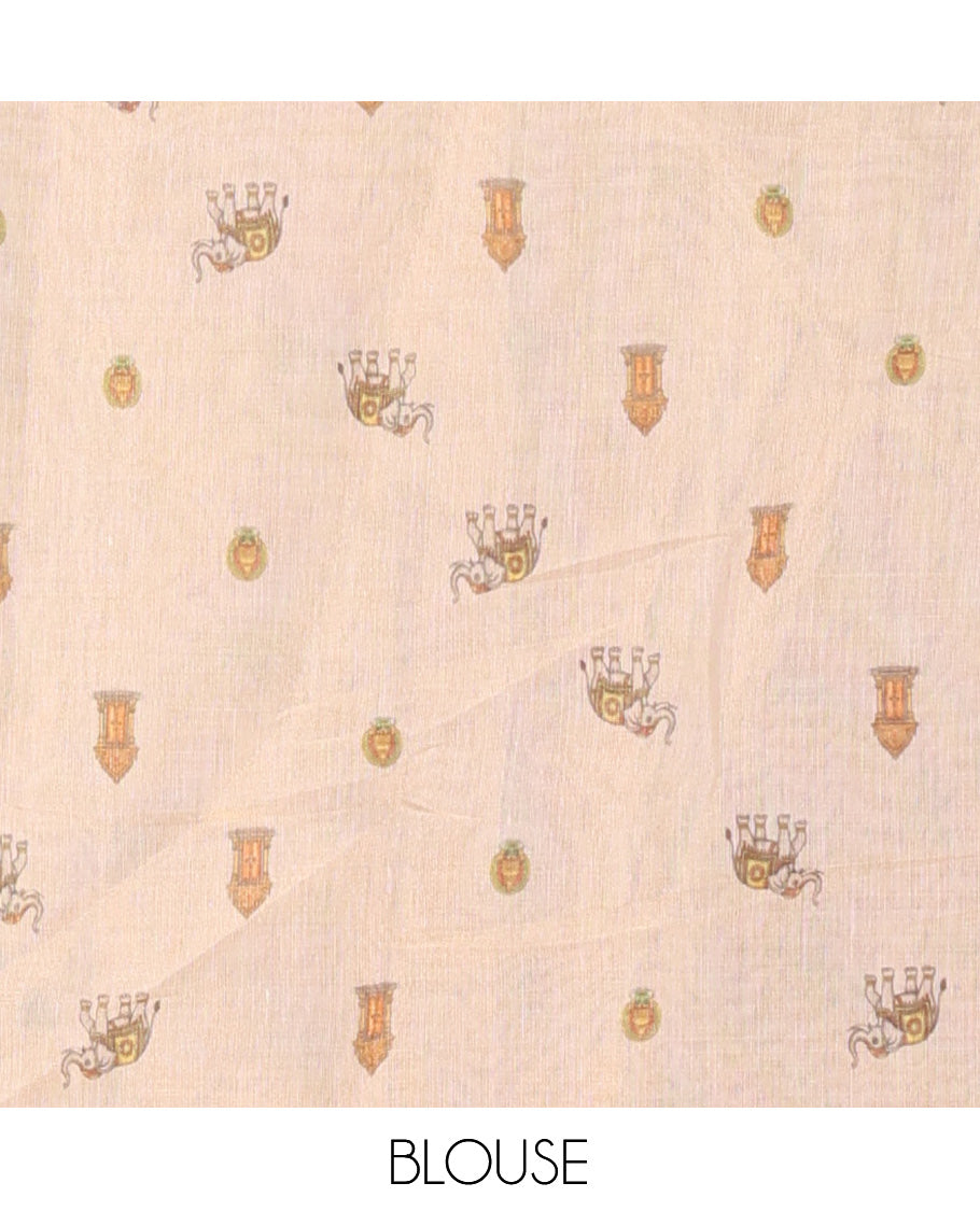 Gold Tissue Saree Features Kerala Culture Print, a Zari Border, Kerala Culture Pallu, and Matching Blouse