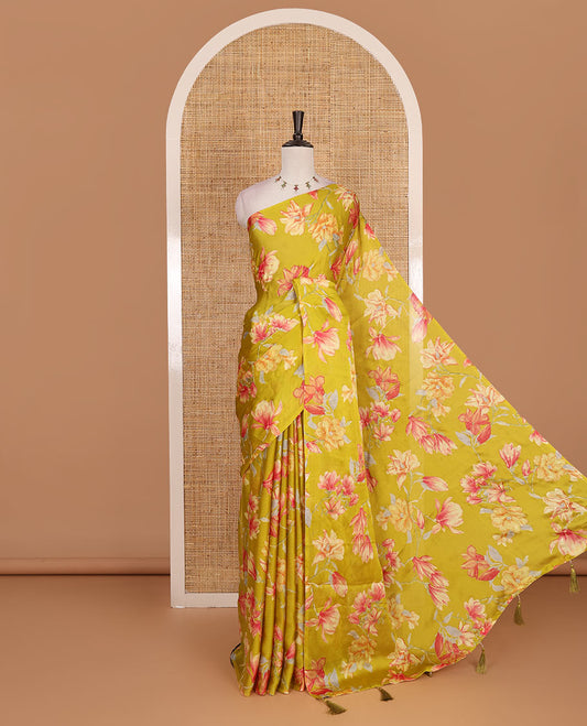 Borderless green lily style floral motifs digital printed nara chiffon saree, contrast plain blouse