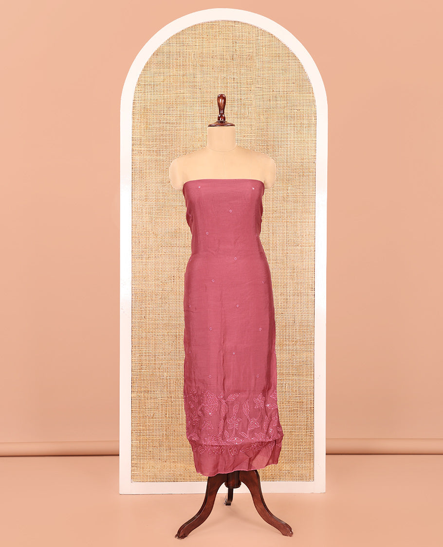 Onion Pink Mul Chanderi Material Chudidar Set, Floral Embroidered Top, Plain Santoon Bottom, and Scallop Embroidered Dupatta
