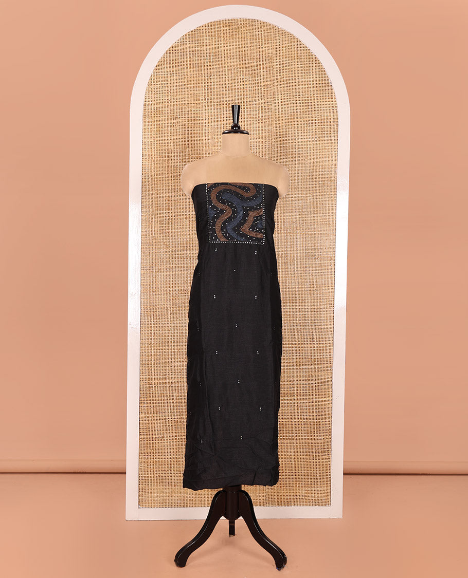Black and Mustrad Material Chudidhar Set Ornamented with Patch Neck and Sequins Embroidered Vichitra Silk Top, Plain Santoon Bottom, and Vichitra Silk Abstract Printed Dupatta