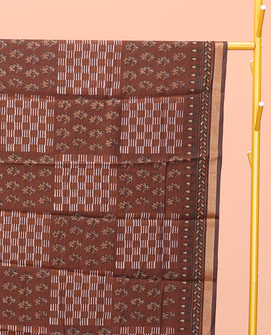 Brown Kanchi Cotton Saree, Detailed with Floral Motifs and Geometric Patterns All Over Its Body, a Subtle Self-Border, Pallu of Floral Designs, and Paired with a Matching Blouse