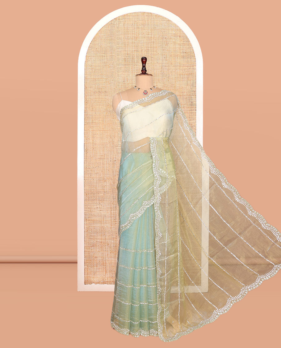 Pista Green Stone-Kardana Work Organza Designer Saree with a Scallop Embroidery Border, Matching Blouse