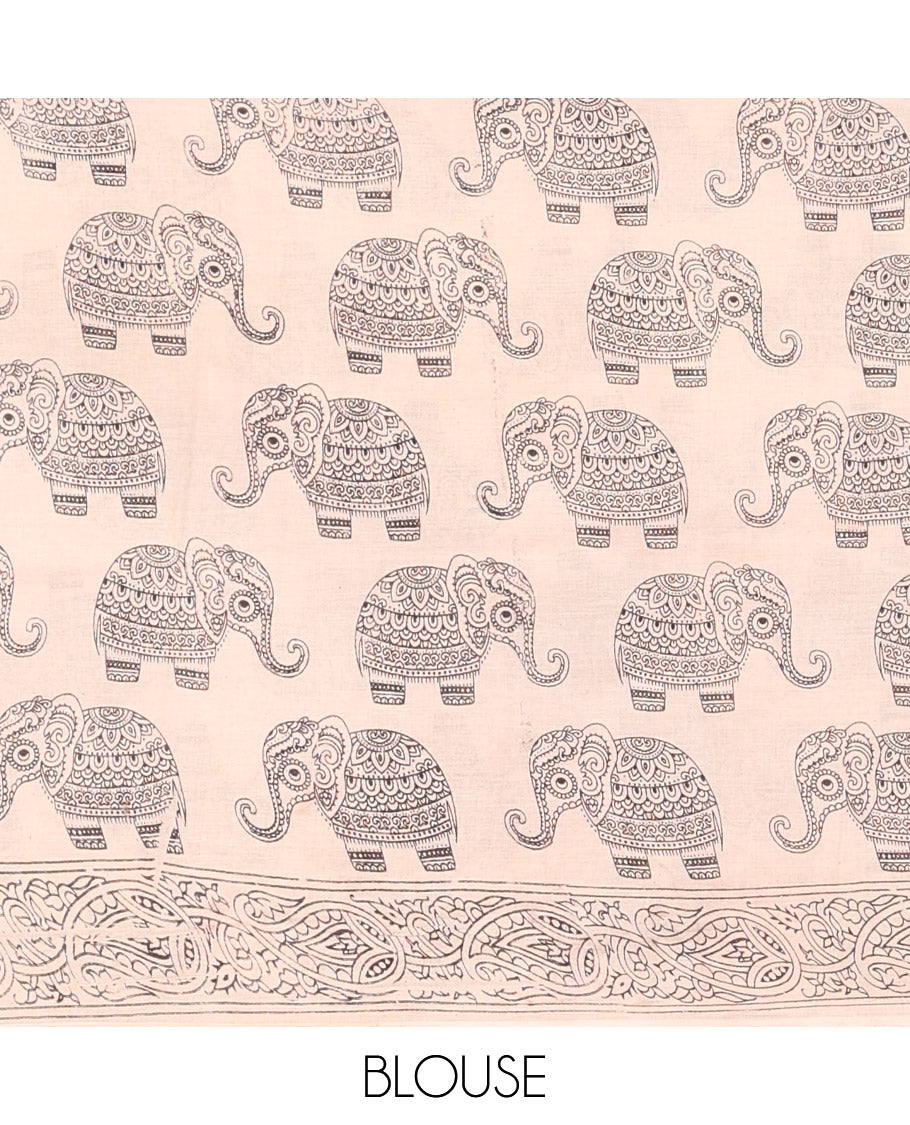 Borderless Red Kalamkari Cotton Saree, Spotlighted with Elephant Motifs Print, Self-Pallu of Peacock Motifs, and a Matching Blouse