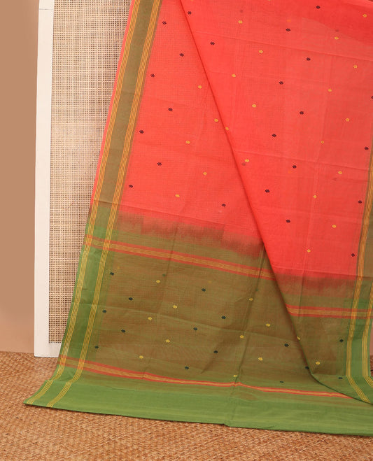 Orange geometric design coimbatore cotton saree with contrast striped border & striped, motifs pallu