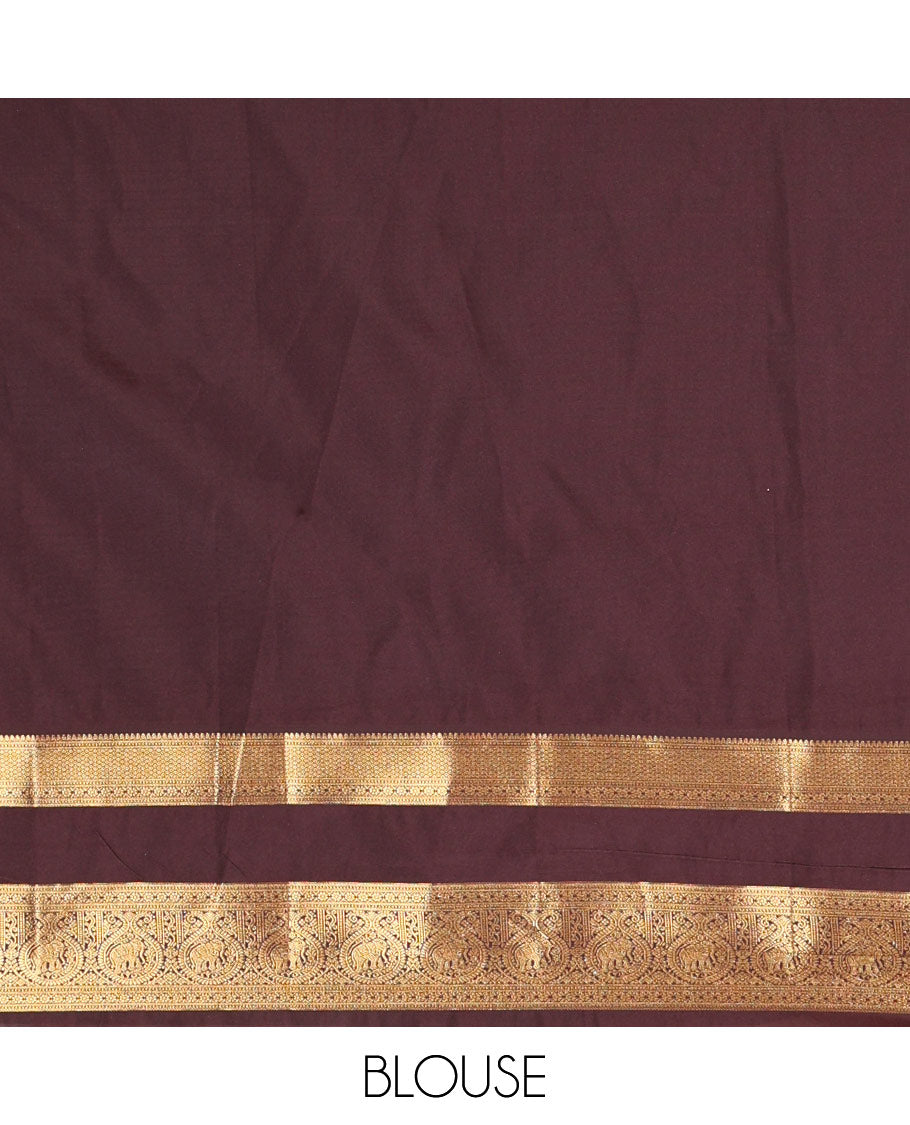 Coffee Brown Kanchipuram Budget Silk Saree Embellished with Zari Buttas and Zari Micro-Checks, Highlighted by Rettai Pettu Traditional Zari Design Border, Intricately Decked Up Pallu of Big Paisley Designs, and Paired with a Matching Blouse