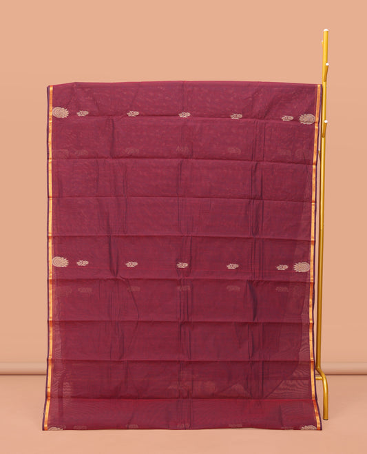 Wine Kanchi Cotton Saree, Subtly Woven with Buttas on Its Body, A Subtle Piping Border, Pallu of Intricate Design, and a Matching Blouse