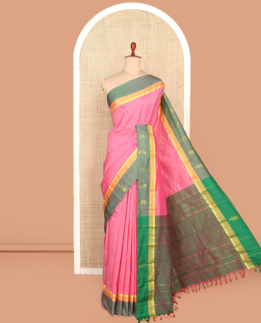 Pink Aarani Silk Saree, Embellished with Buttas on Its Body, Complemented by a Contrast Border, Pallu of Stripes and Buttas, and Paired with a Contrast Blouse
