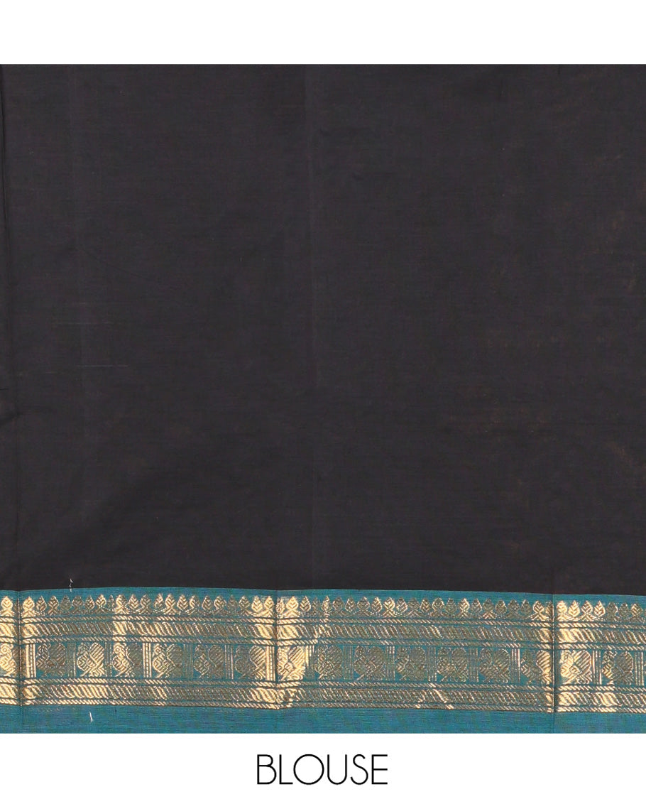 Black Plain Chettinad Cotton Saree, a Contrast Kal Eragina Traditional Ganga-Jamuna Border, Striped Pallu, and a Matching Blouse