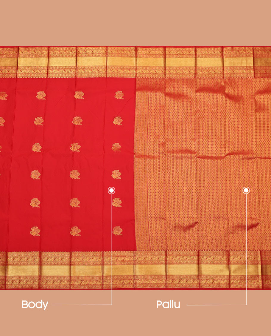 Red Budget Silk Saree, Gleamed Up with Zari Buttas on Its Body, Highlighted by a Zari Border of Traditional Designs, Grand Jaal Design Border, and Paired with a Matching Blouse