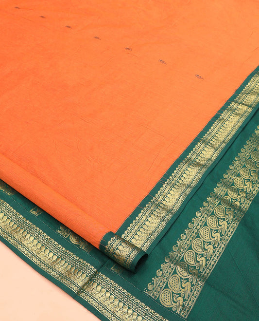 Orange Nine Yard Cotton Saree, Delicately Woven with Buttas All Over Its Body, Complemented by Contrast Traditional Zari Motifs Border, Pallu of Traditional Designs, and Comes Without a Blouse
