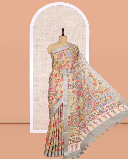 Light Sandal Kalamkari Printed Fancy Tussar Saree