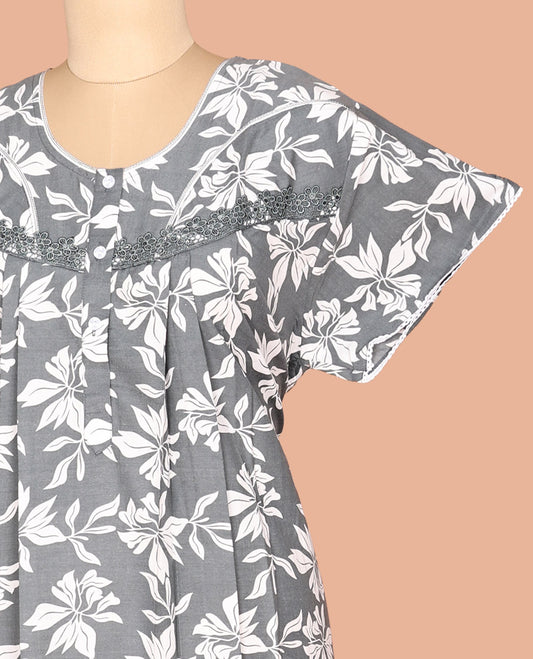 Grey Floral Print Cotton-Blended Nighty
