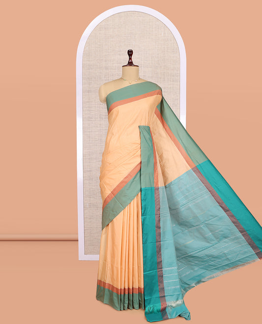 Orange Plain Arani Saree, a Contrast Border, Striped Pallu, and a Contrast Blouse
