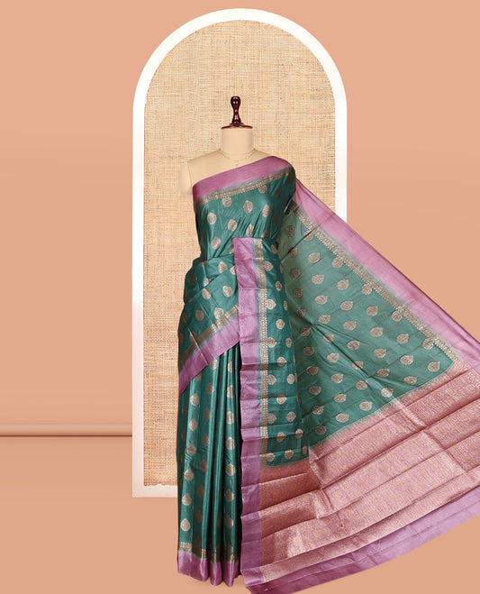 Green Tusser Silk Saree, Embellished with Zari Buttas, a Contrast Zari Border, Floral Design Pallu, and a Contrast Blouse