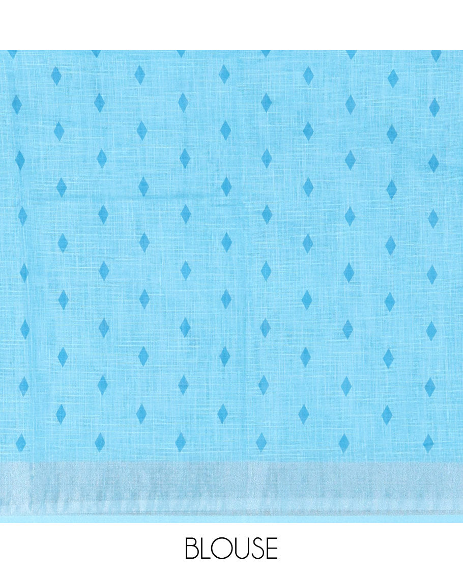 Blue Linen Cotton Saree, Beautified with Floral Leaf Motifs Printed on Its Body, Subtle Bavanji Border, Pallu Features Floral Print and Stripes, and Paired with a Matching Blouse