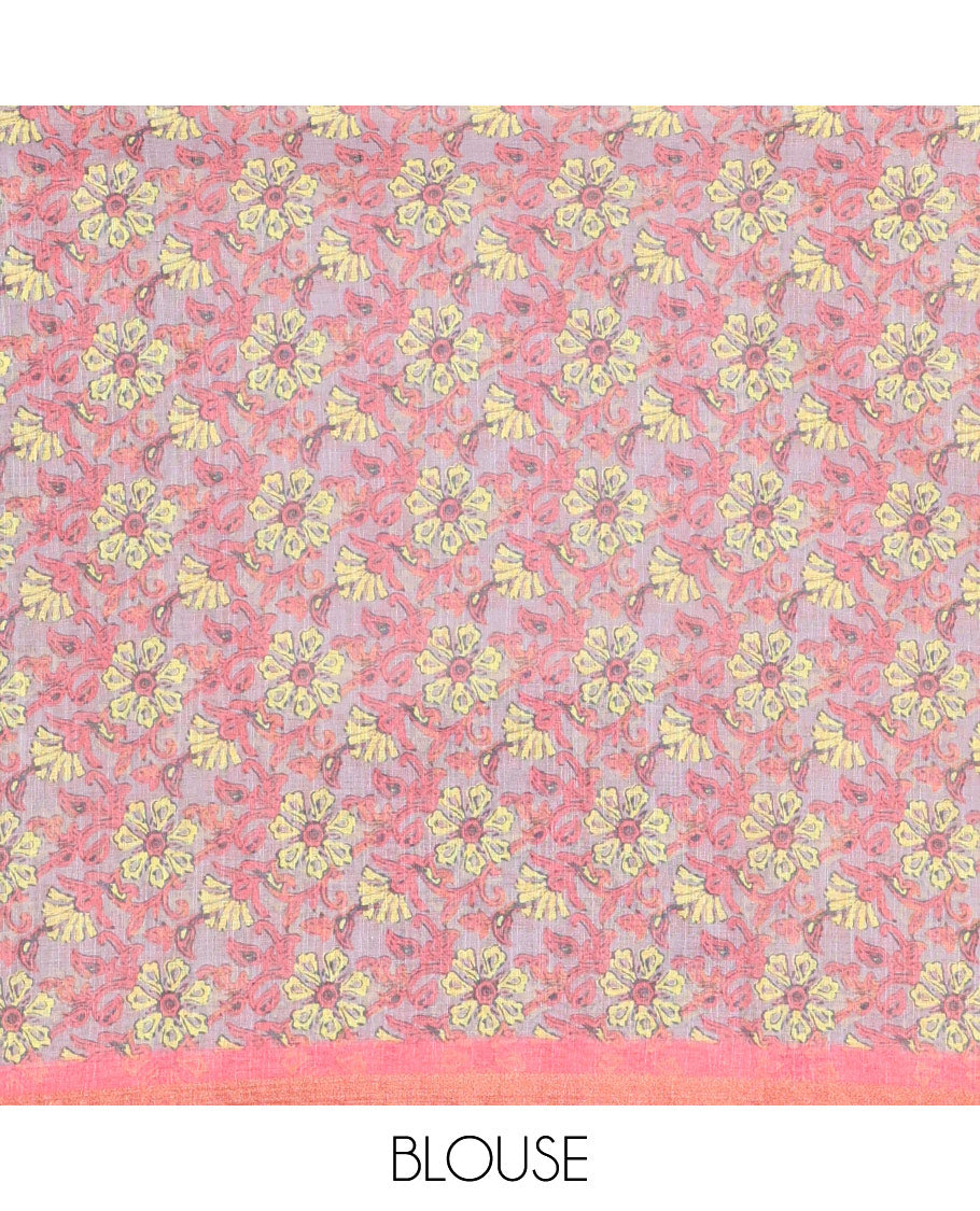 Olive green spiral batik printed linen cotton saree, contrast piping border, floral printed pallu, and a contrast floral printed blouse