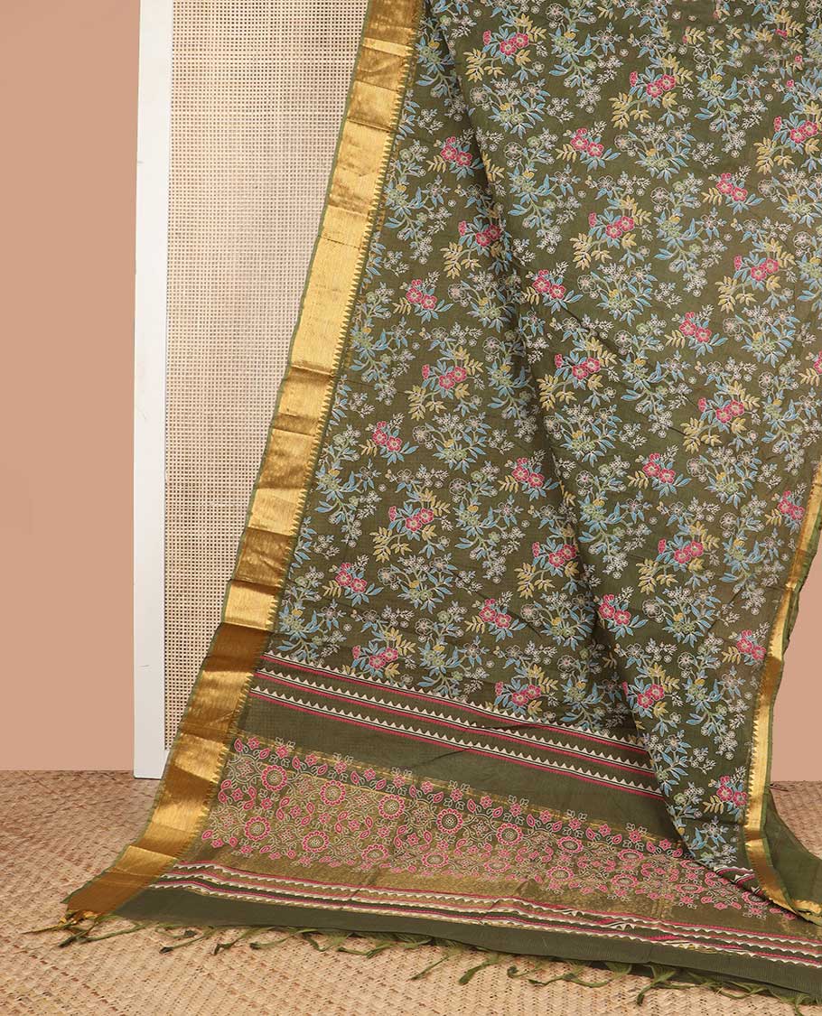 Olive green floral design coimbatore cotton saree with contrast striped, temple border & floral design pallu