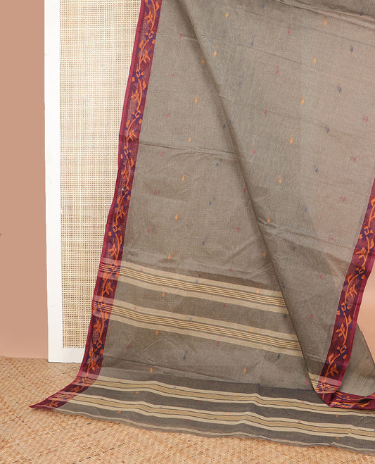 Grey floral motifs bengal cotton saree with contrast floral design border & striped, motifs pallu
