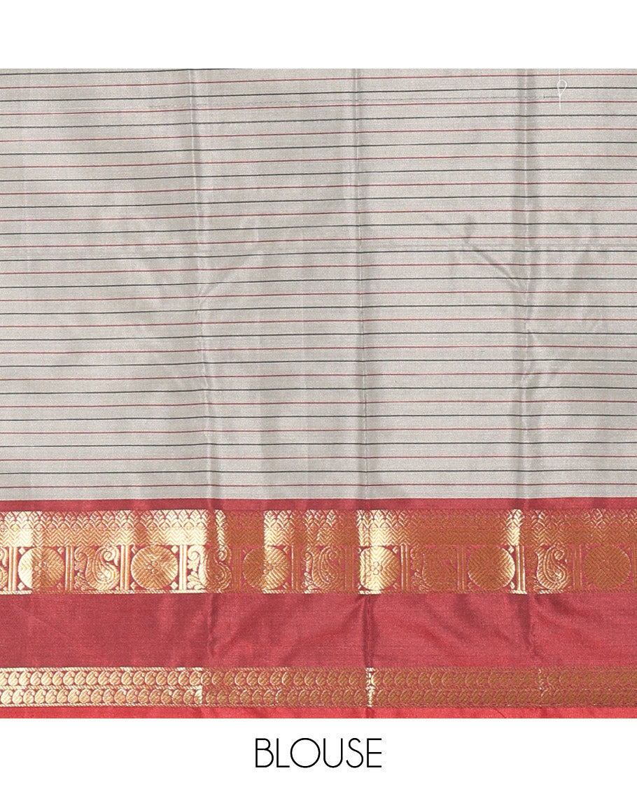 Grey Semi-Soft Silk Saree Accentuated with Micro-Checks on Its Body, Complemented by a Contrast Rettai Pettu Zari Border of Paisley, and Chakram Designs, Subtly Striped Pallu, and Paired with a Contrast Blouse