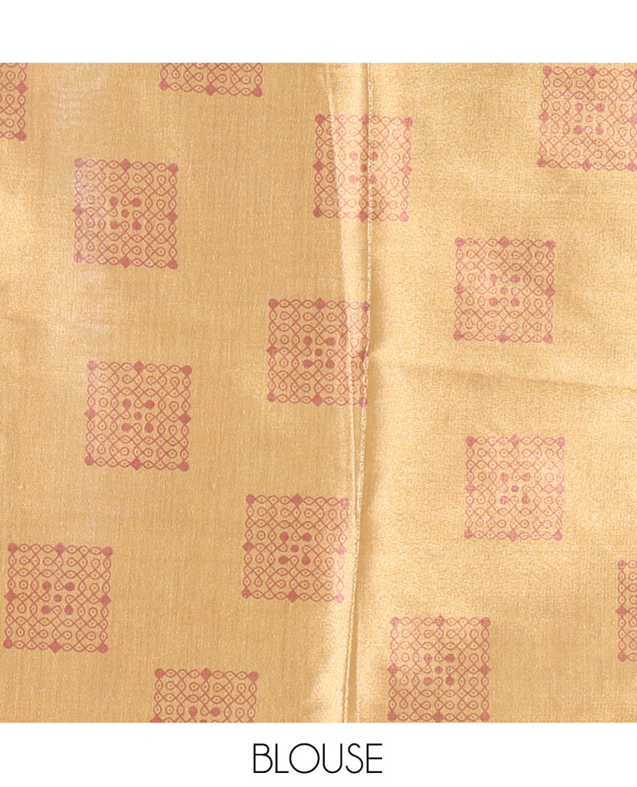 Reddish-Brown Kerala Culture-Themed Tissue Saree Features a Girl, Banana Leaf, and Kolam Motifs, Contrast Border, and Blouse