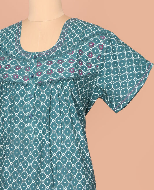 Green Cotton Nighty Decked Up with Ogee Patterns Print, Featuring Lace Work, Round Front Neck, and Half Sleeves
