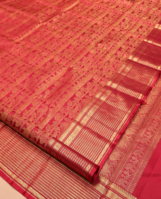 Red Kanchipuram Wedding Silk Saree, Charmingly Accented with Jacquard Design, a Zari Border of Salngai,muthu, Kathir, and Chakram Designs, Mayil Kann Pallu, and a Matching Blouse