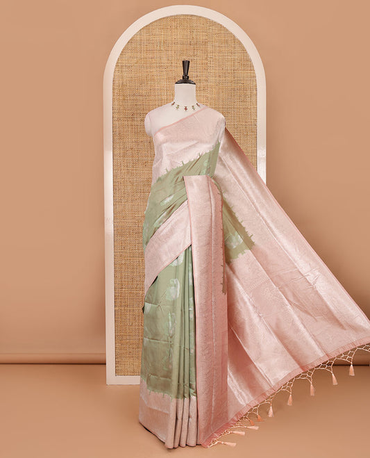 Pista green silver zari manga buttas Elite soft silk saree, contrast traditional zari border, intricate zari pallu & contrast zari buttas blouse