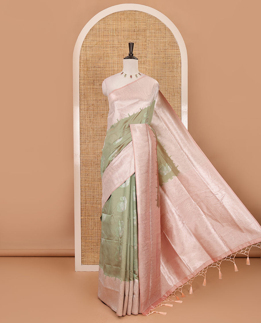 Pista green silver zari manga buttas Elite soft silk saree, contrast traditional zari border, intricate zari pallu & contrast zari buttas blouse