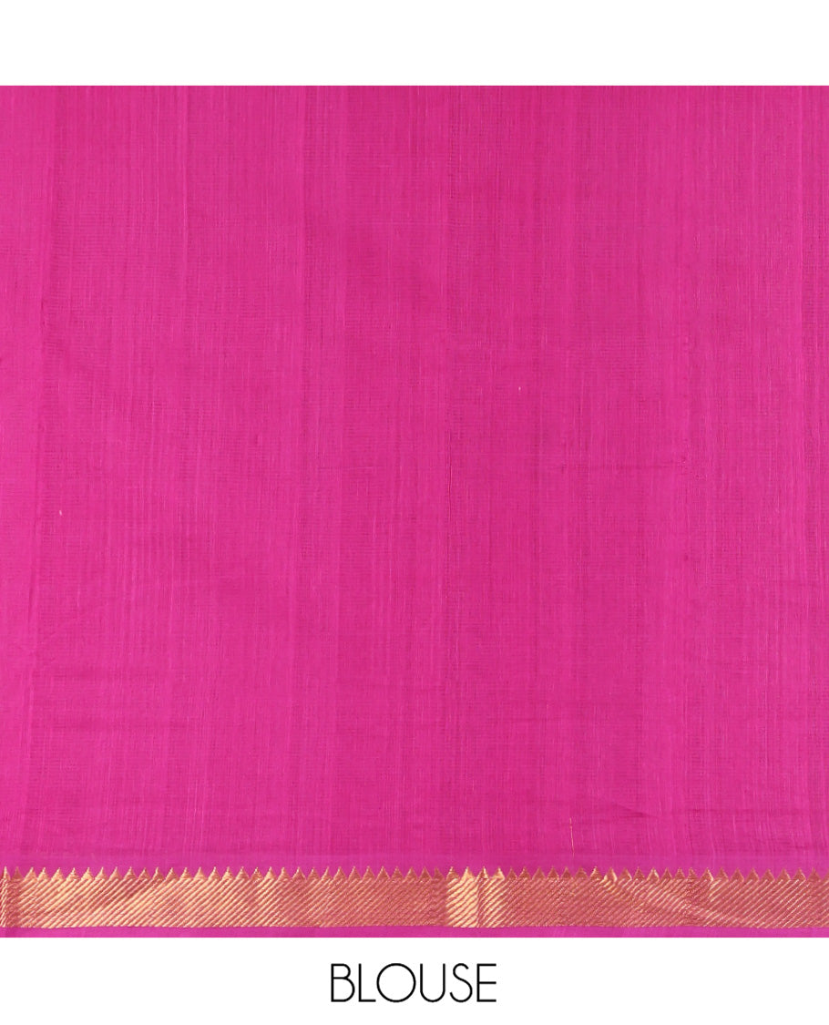 Pink Striped Mangalgiri Cotton Saree, Complemented by Contrast Zari Temple Border, Zari-Striped Pallu, and Paired with a Contrast Blouse