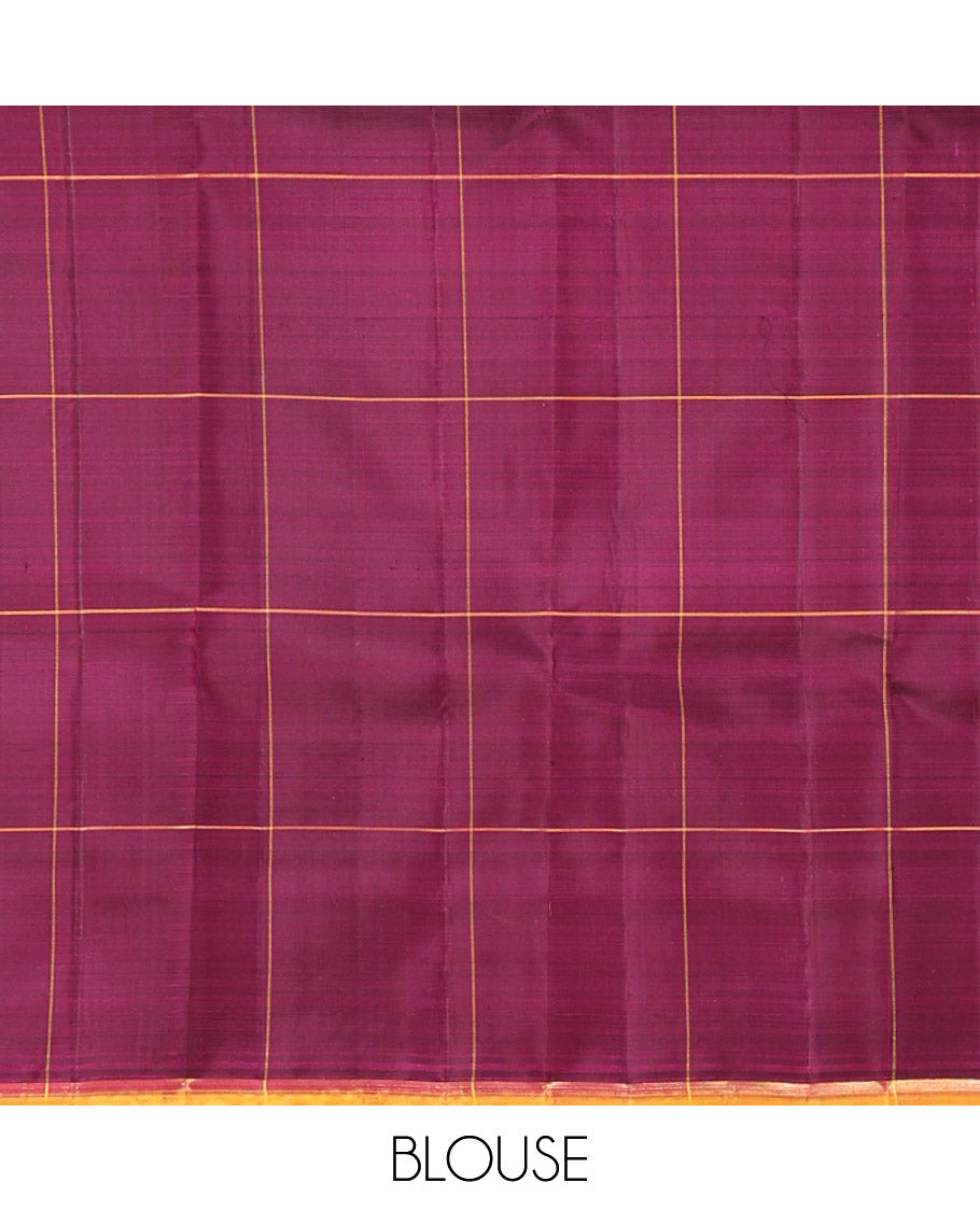 Borderless Wine Kanchipuram Silk Saree, Meticulously Crafted with Zari Buttas Enclosed Checks, Complemented by a Contrast Pallu Steeped with Kamalam Designs, and Paired with a Matching Blouse