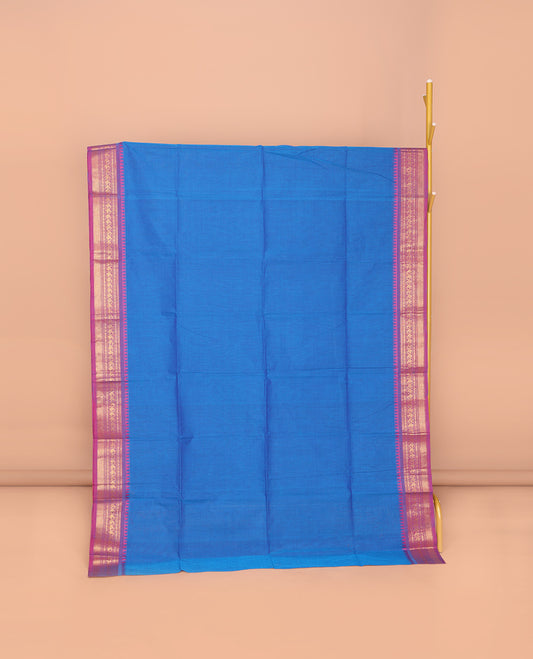 Blue Plain Chettinad Cotton Saree, Complemented by Contrast Traditional Design Temple Border, Striped Pallu, and Paired with a Matching Blouse