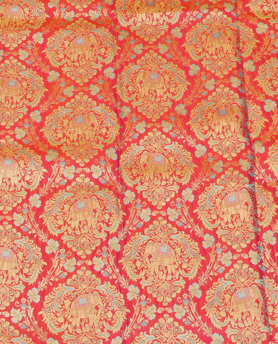 Red Pure Silk Half-Saree, Beautifully Bedecked with Jacquard All Over Its Skirt, Complemented by a Contrast Border of Meenakari Floral and Animal Designs, Paired with a Contrast Jacquard Blouse, and Comes with a Gleaming Zari Dhavani