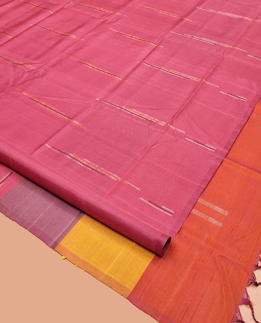 Borderless Pink Mayuri Soft Silk Saree, Woven with Geometric Buttas, Contrast Tri-Color Pallu, and a Matching Blouse