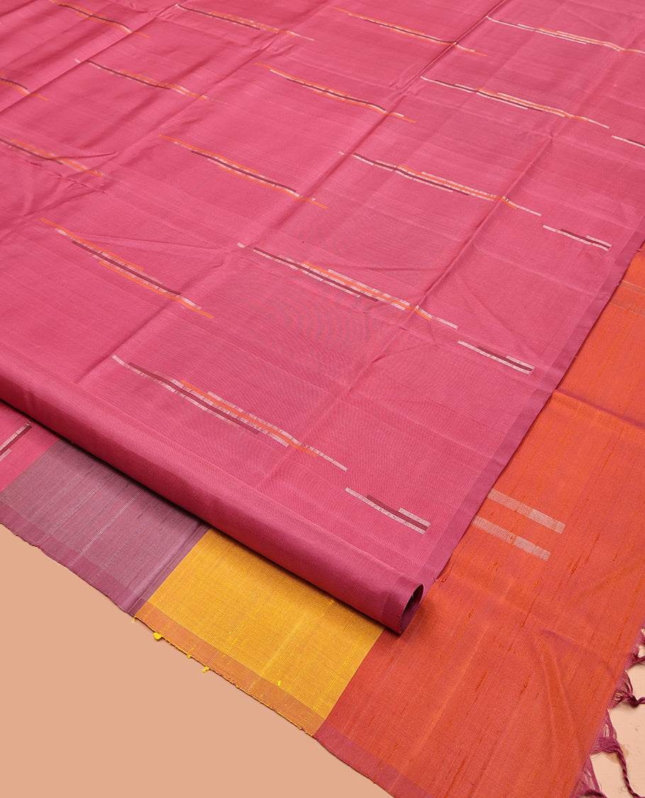 Borderless Pink Mayuri Soft Silk Saree, Woven with Geometric Buttas, Contrast Tri-Color Pallu, and a Matching Blouse