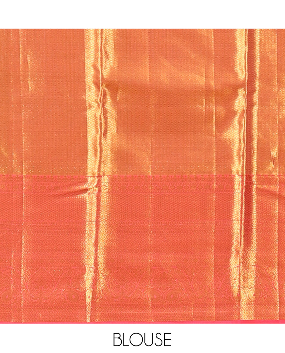 Gold Jacquard Design Kanchipuram Tissue Silk Saree, a Contrast Border of Thilakam Mokku, Muthu, Kamalam, Paisa, Mayil Kann, Cross Kamalam, Manga, and Jaal, Grand Pallu, and Contrast Blouse