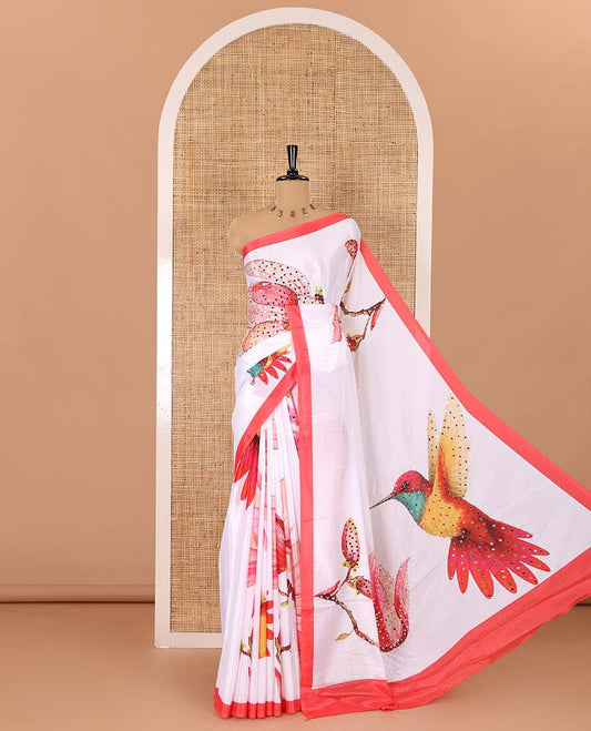 White floral-bird theme printed with mirror work masakali saree, contrast border, and a contrast floral vine printed blouse