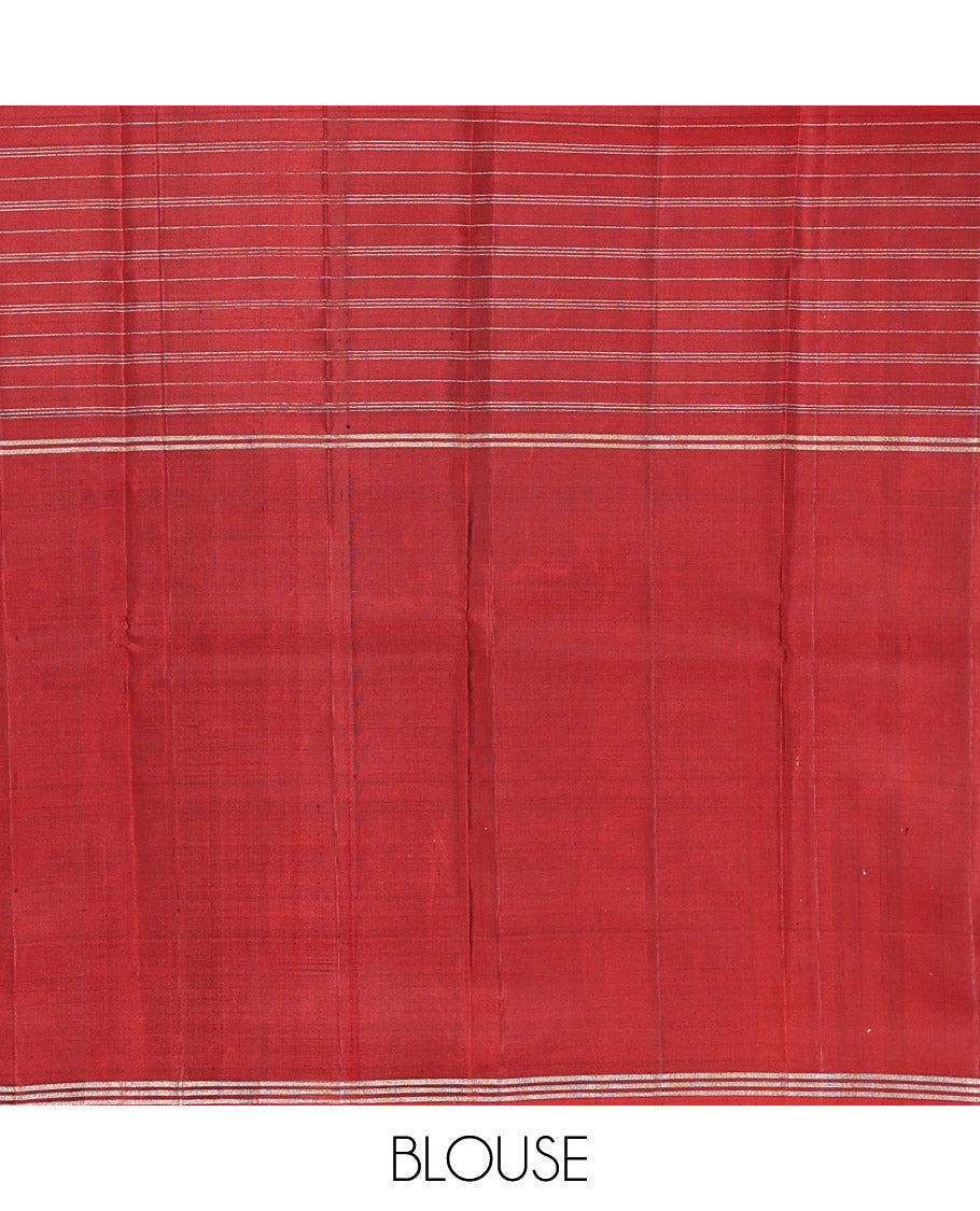 Green Kanchipuram Silk Saree, Sparsely Woven with Checked Design, Complemented by Contrast Rettai Pettu Ganga-Jamuna Border, Zari-Striped Pallu, and Contrast Blouse