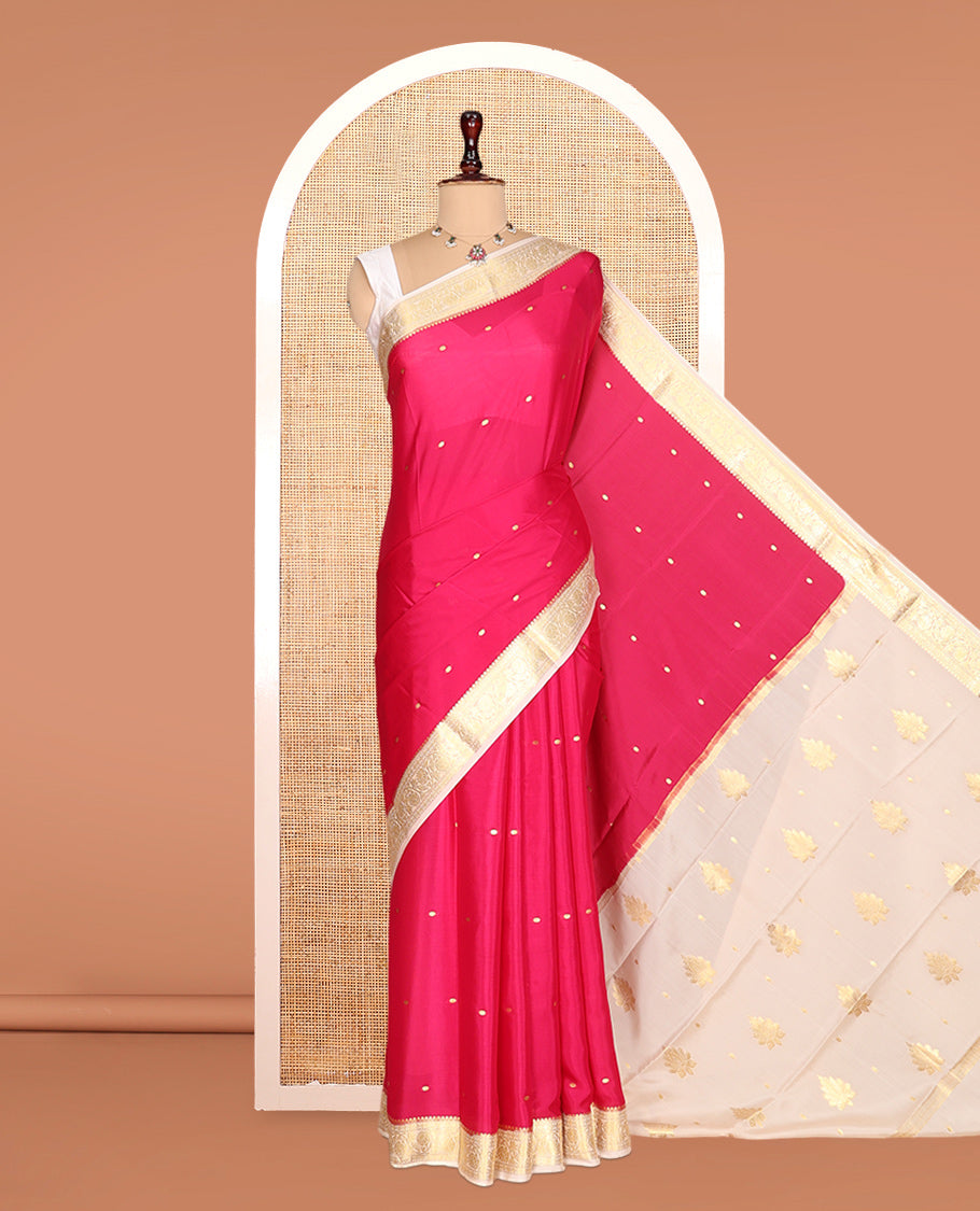 Dark Pink Zari Buttas Mysore Silk Saree, Complemented by a Contrast Floral Creeper Zari Border, Zari Design Pallu, and a Contrast Blouse