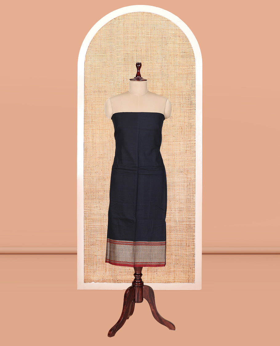 Black Mercerised Cotton Material Churidar Features Plain Top, Contrast Traditional Thread Border, Plain Bottom, Matching Dupatta