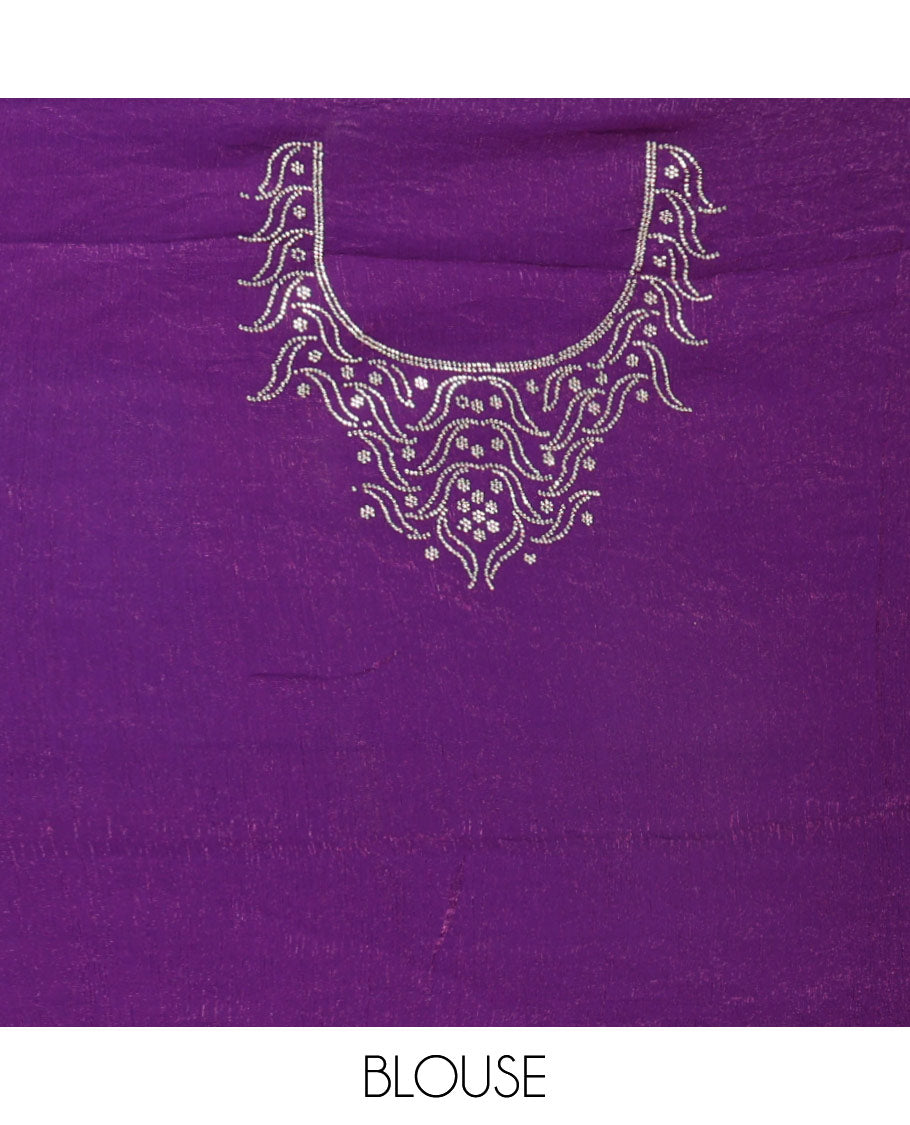 Dark violet plain fendy chiffon saree, scallop micro stone border, intricate stone work pallu, and a matching micro-stone blouse