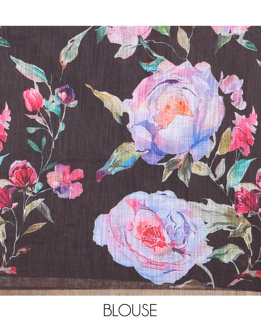 Borderless Black Floral Printed Linen Cotton Saree, Colorfully Floral-Printed Pallu, and a Matching Blouse