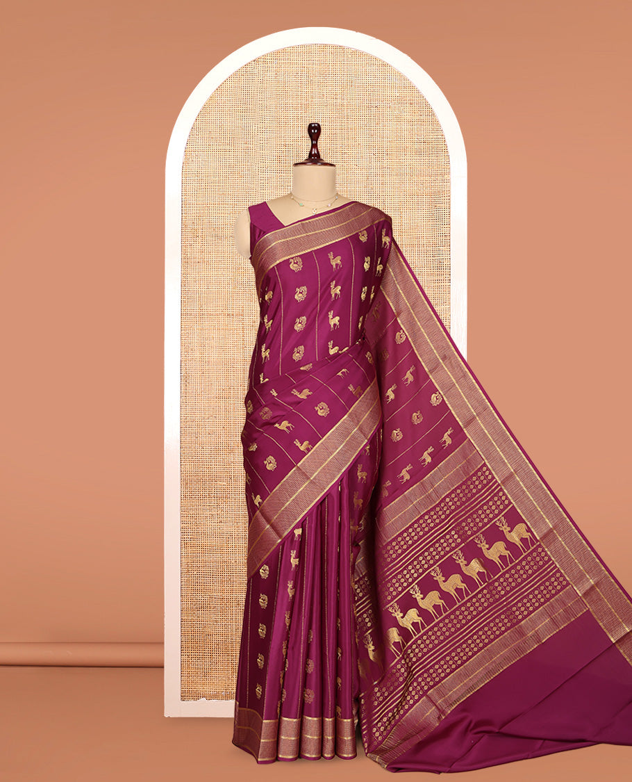 Wine Mysore Silk Saree, Opulently Embellished with Peacock-Deer Buttas and Stripes, Highlighted by a Traditional Zari Border, Grand Pallu, and a Matching Blouse