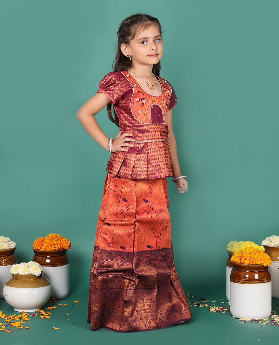 Orange readymade art silk pavadai set, jacquard with contrast traditional zari border skirt,