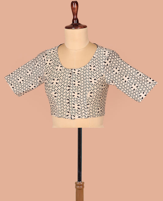 Cream Readymade Blouse Subtly Sparkled with Geometric Print, Featuring Front Round-Neck, Back Closed Neck, and Elbow Sleeves