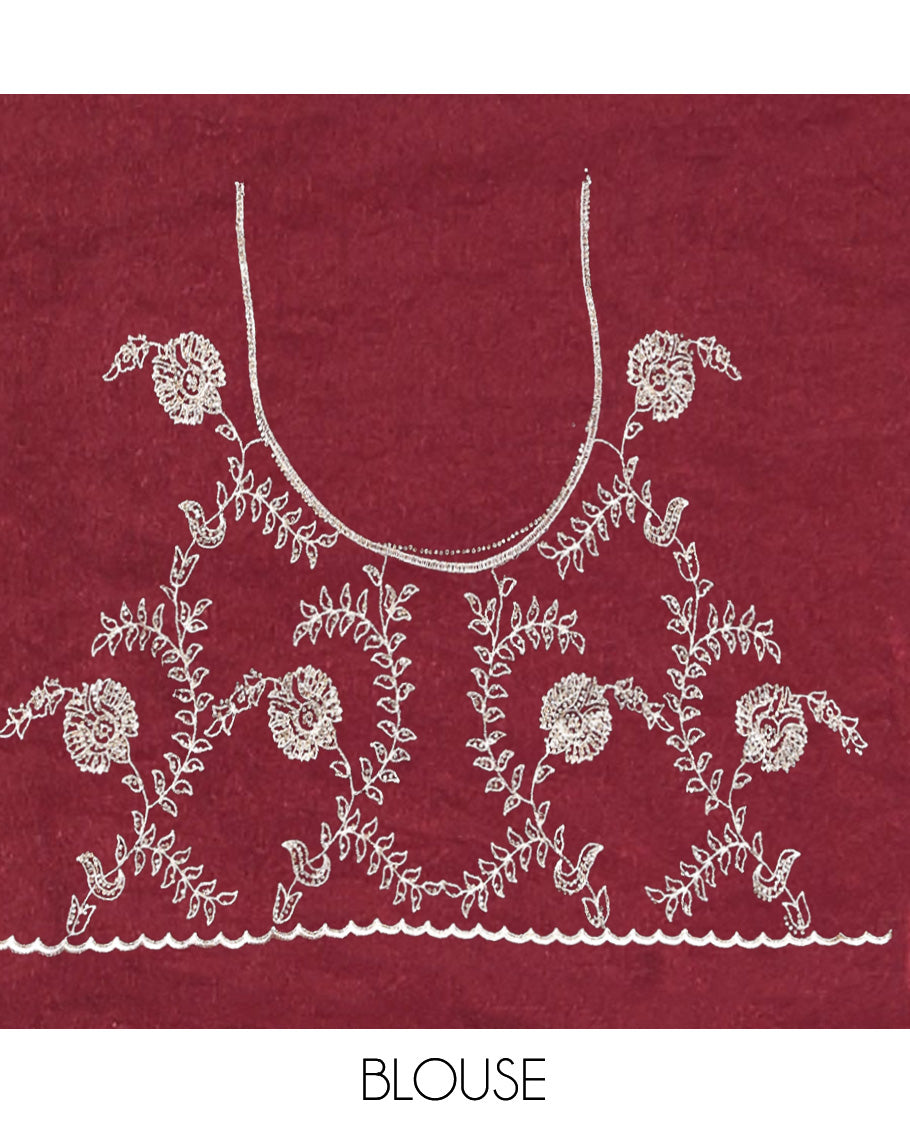 Wine Designer Saree, Decked Up with Floral Embroidered All Over Its Body, a Scallop Embroidered Border, and Matching Blouse